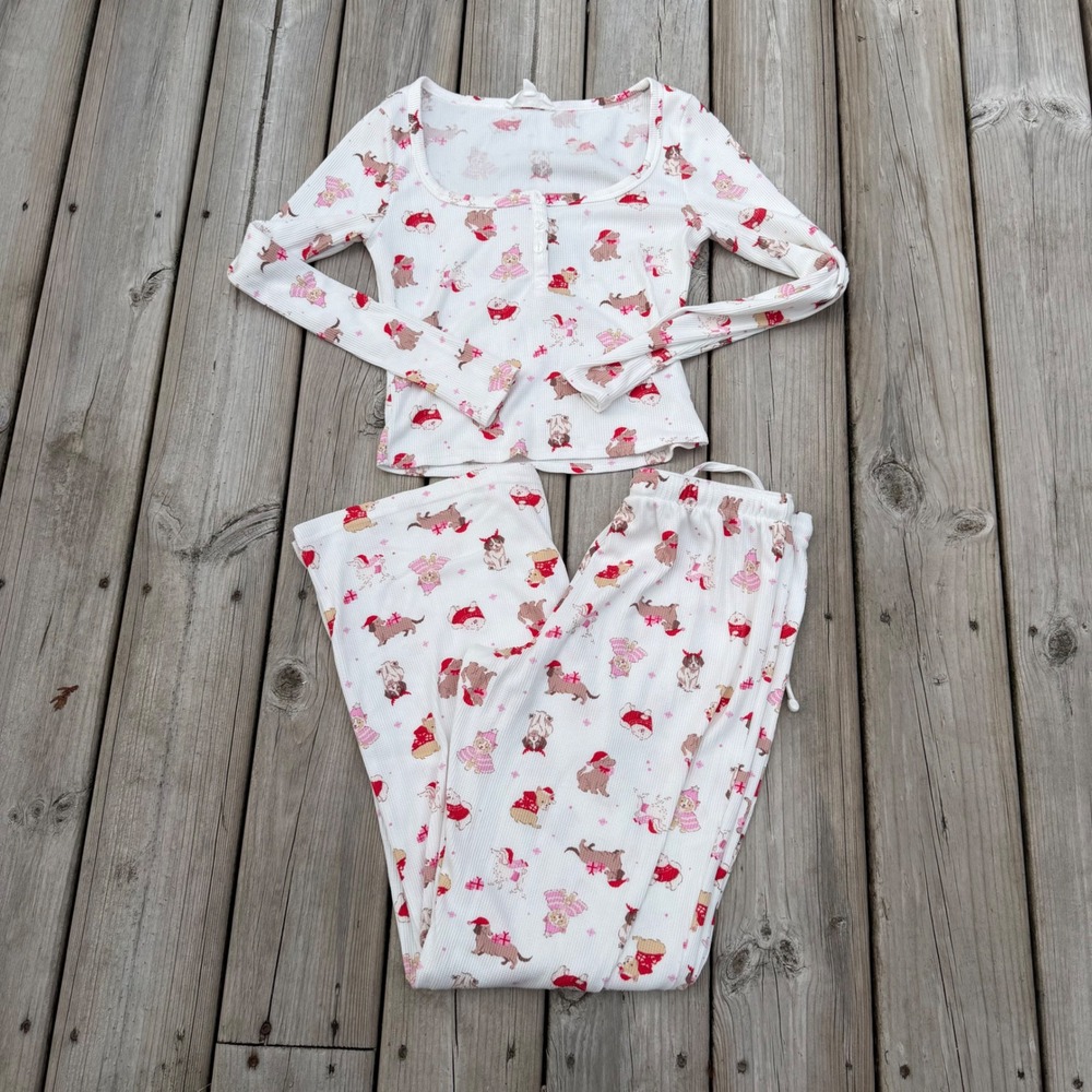 Pink Rose Christmas Dog Waffle Knit Pajama Set Womens Medium White Red 2pc PJ